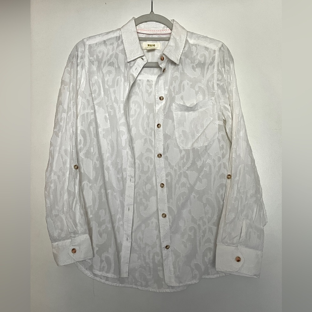 Anthropologie Maeve Effortless Slim White Floral Buttondown Shirt Sz 6